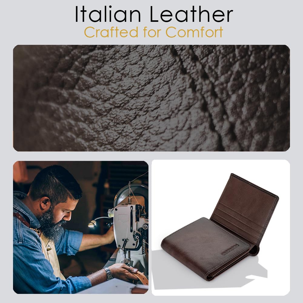 VANNANBA Men's Leather Trifold Wallet with Folded ID Windows,12 Card Slots & 2 Note pockets(Dark Brown)