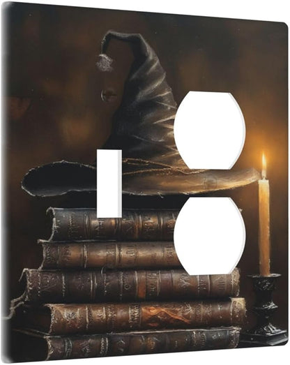 Decorative Art Light Switch Covers Wizard’s Hat & Spellbooks 2 Gang Single Toggle Duplex Combination Electrical Faceplate Switchplate Wall Plate for Home Decor