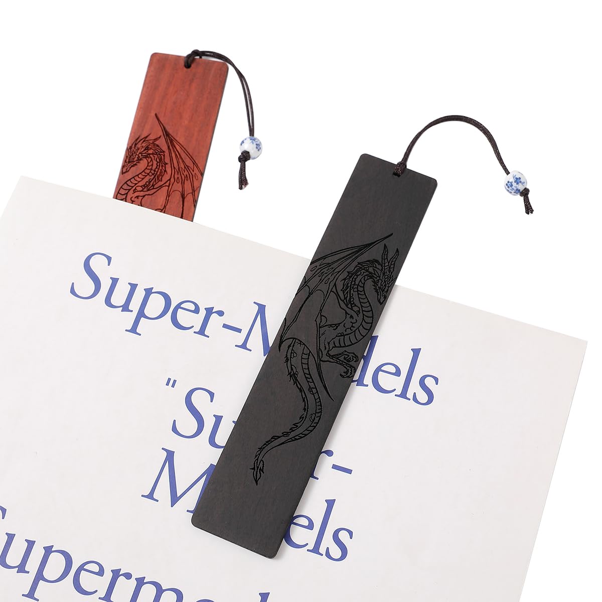 4 Pcs Wooden Bookmark Set, Book Marks for Book Lovers, Unique Bookmarks Gifts for Men Boy (Dragon and Skull)