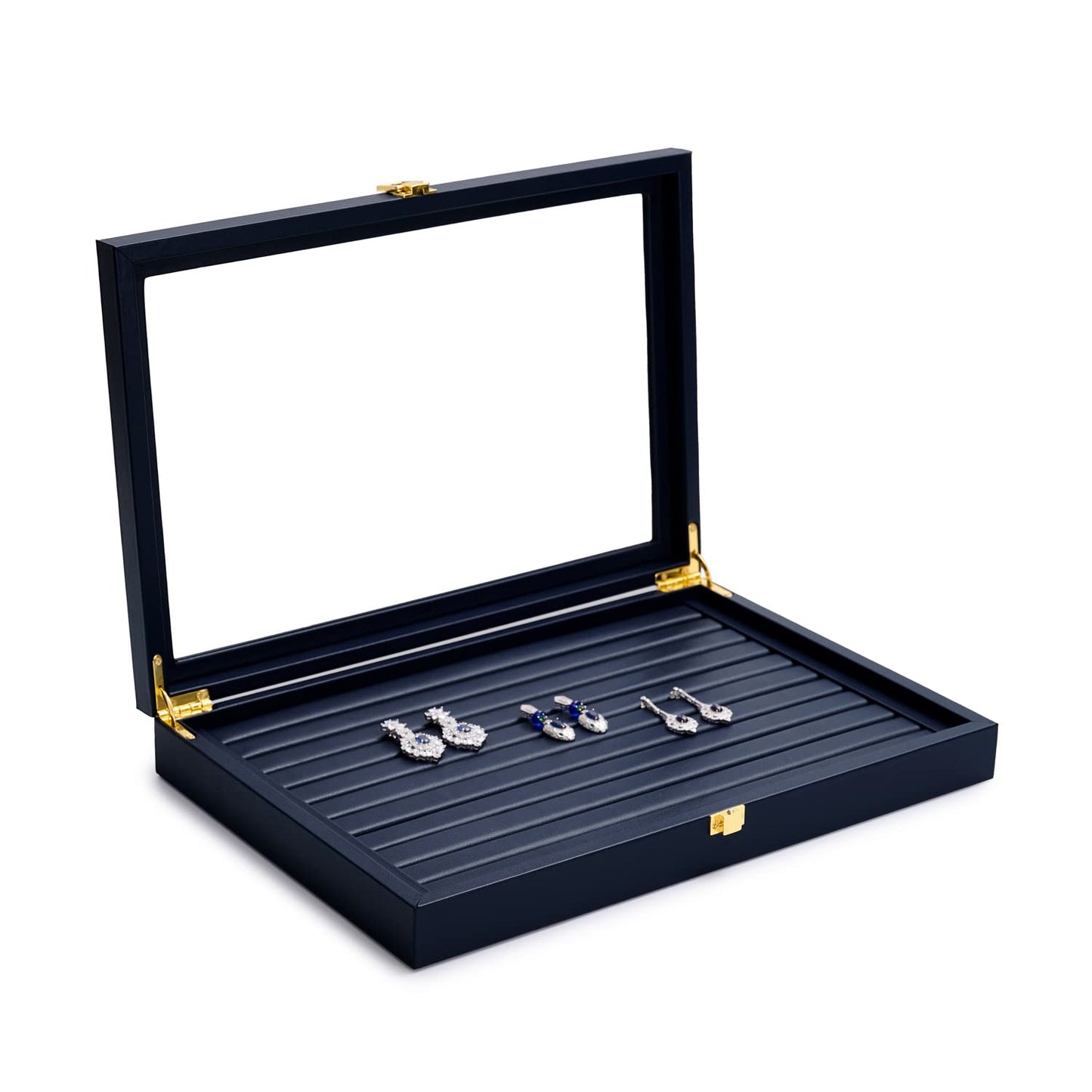 Oirlv Premium Blue Leather Rings Earrings Organizer Tray with Clear Lid Jewelry Display Box with Acrylic Lid Stackable Jewelry Box Drawer Inserts