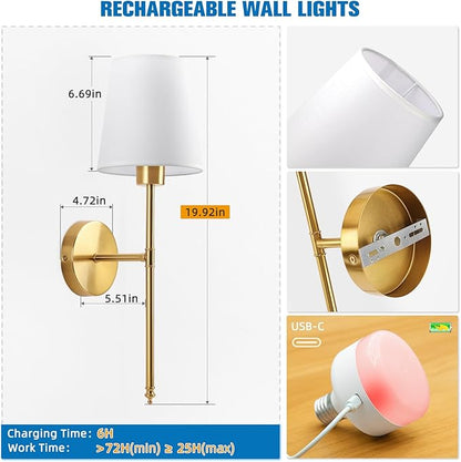 NIORSUN 19.9 inch Battery Operated Wall Sconce Set of 2,Gold Rechargeable Wall Lights with 5200mAh Dimmable Detachable Bulbs and Remote,10 Colors Wireless Sconces for Bedroom Living Room Hallway