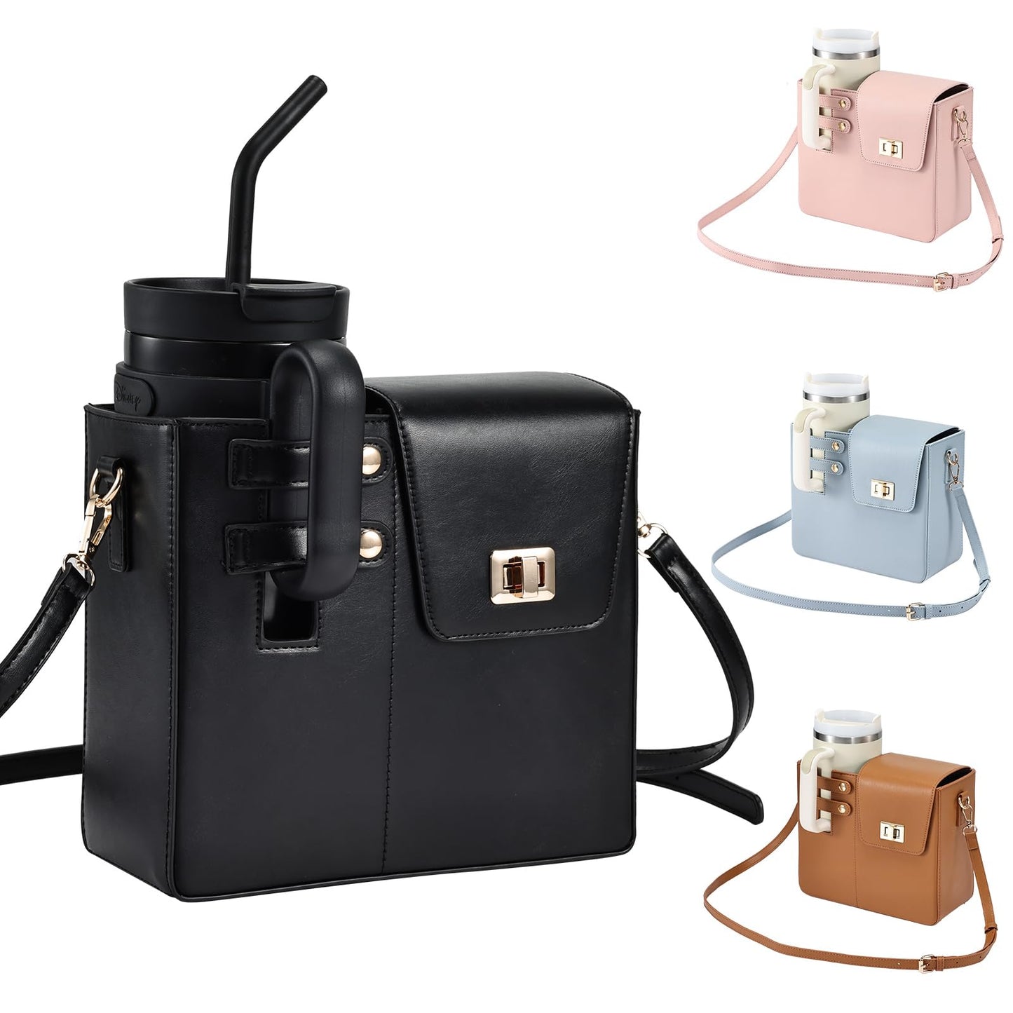 Outdoor Portable Crossbody Water Cup Storage Bag Crossbody Case with Sports Water Bottle Holder for Women Tumbler Purse with Water Bottle Pocket Compatible with Most Water Bottles Carrier Bag, Black