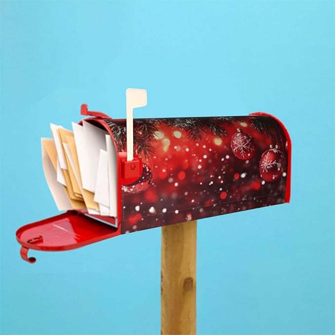 Festive Magnetic Mailbox Cover Red Christmas Ball Pattern Outdoor Mailbox Protector Holiday Seasonal Decorative Garden Yard Home Large Size 25.5 x 21 Inch