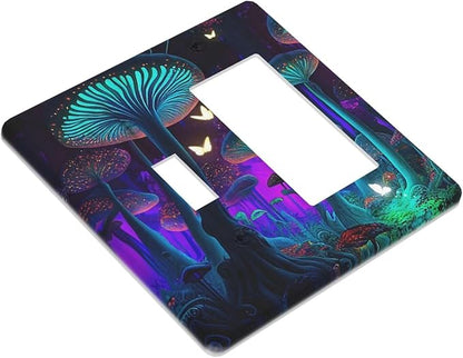 Fantasy Mushroom Forest Glowing Butterfly 2 Gang Combination Light Switch Cover Decorative Toggle Rocker/Decora Wall Plate Electrical Faceplate for Bathroom Kitchen Home Decor