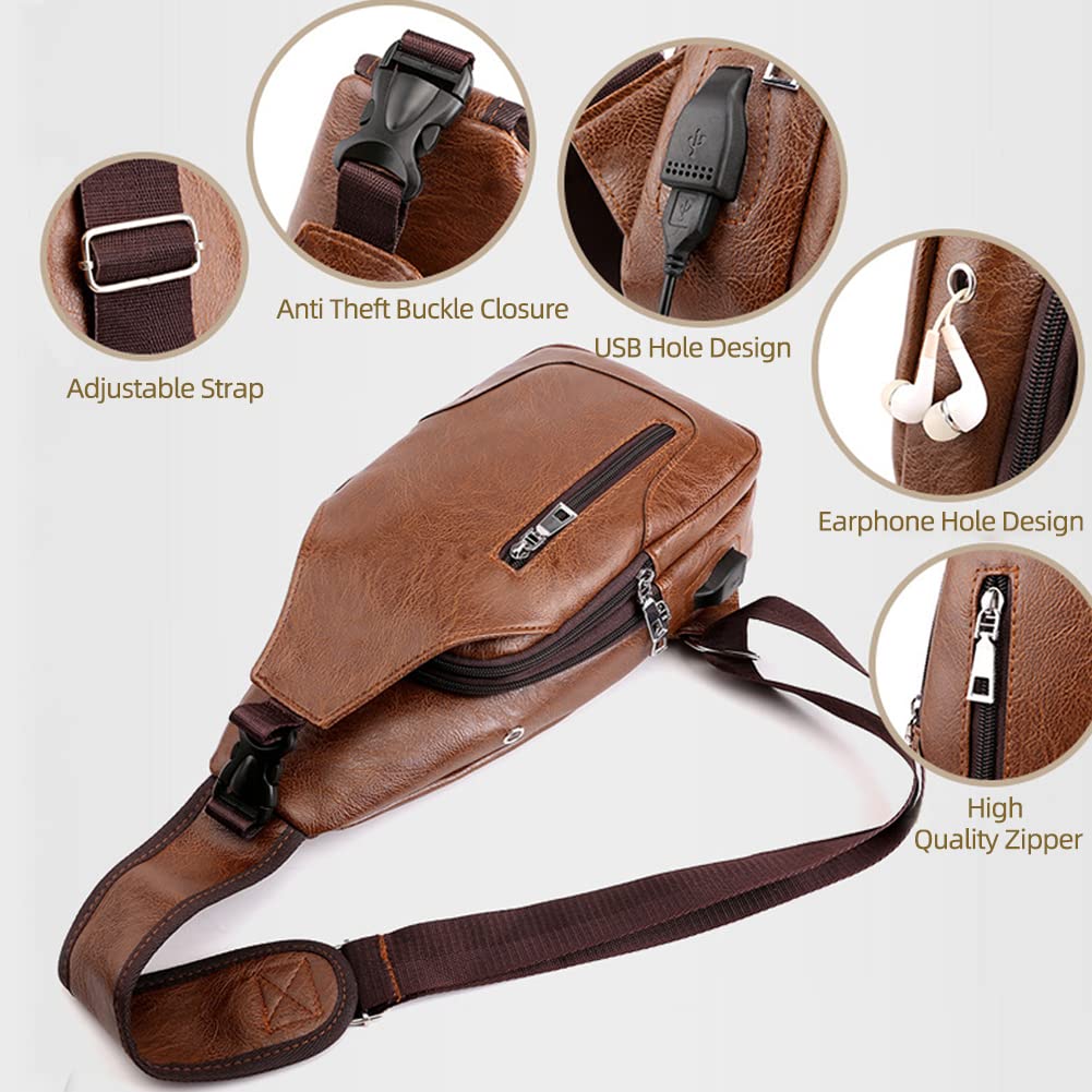 Peicees Leather Sling Bag Mens Crossbody Chest Bag Sling Backpack for Men with USB Charge Port