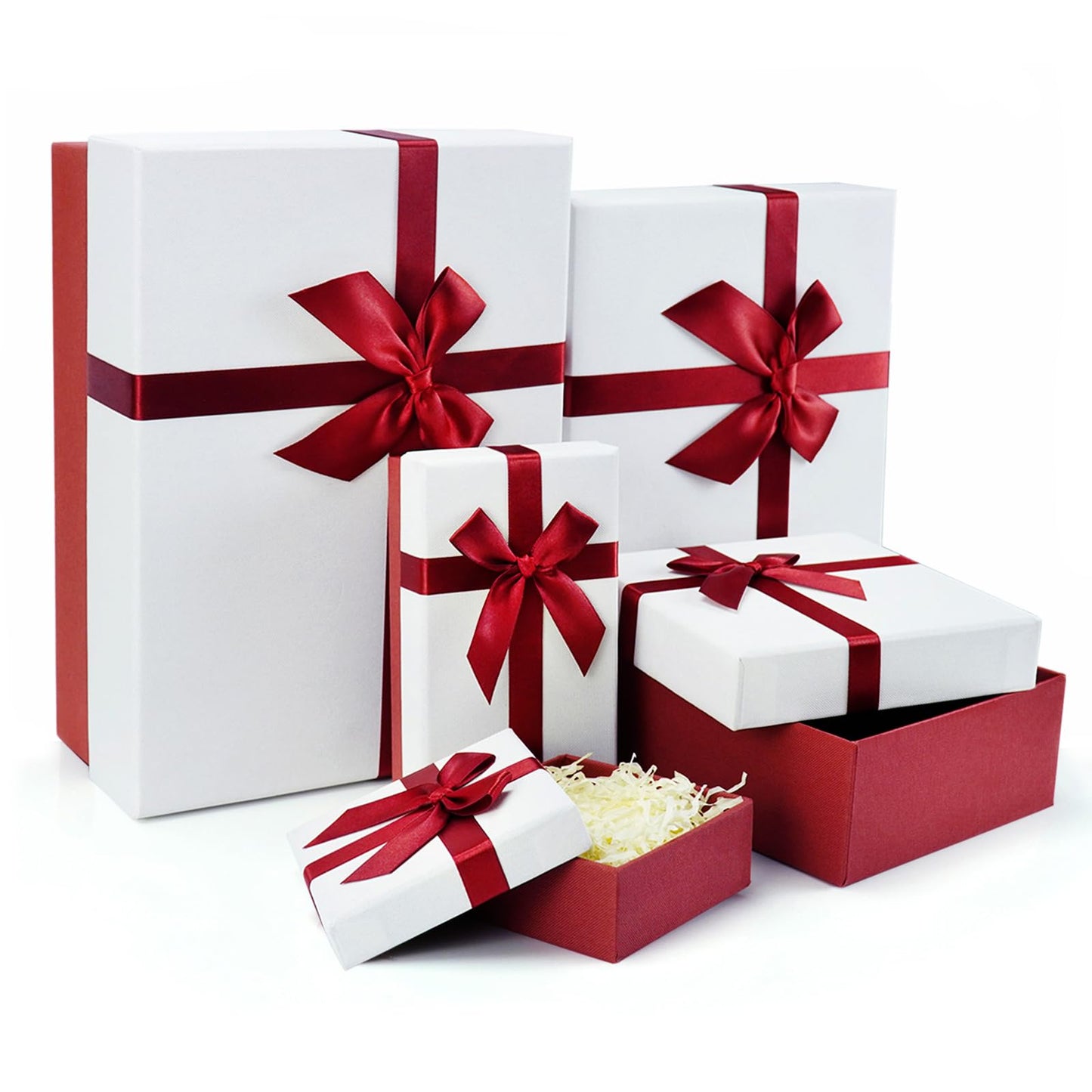 Eerbaier Gift Box for Present, Set of 5 Gift Boxes with Lids, Sturdy and Elegant Boxes for Gifts, Red Gift Boxes with Ribbon for Birthday, Anniversaries, Weddings, etc.(Red/White)
