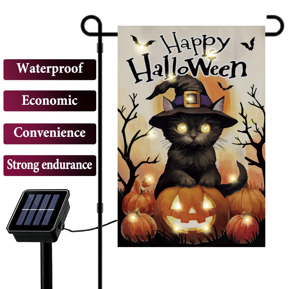 Solar LED Lights Happy Halloween Pumpkin Black Cat Garden Flag Double Side 12"x18" Flag16LED Warm White lights and 8modes Solar Panel for Garden,Patio,Yard, Lawn Halloween Decorations home Decor (cat)