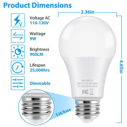 TOBUSA A19 LED Light Bulbs with Remote, 9W LED Bulbs 60W Equivalent, 3000K-6000K Dimmable Bulbs with E26 Base, 900 Lumens Light Bulbs with Timing, Memory Function, Ideal Lighting for Home, 2 Packs