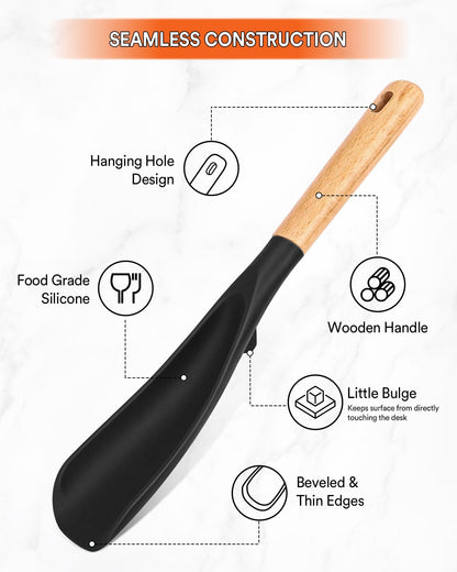 Cooking Spoon for Nonstick Cookwares, Great for Cooking and Serving Sturdy BPA-Free Matte Silicone, Wood Handle Spoon for Mixing, Scoop, and Scrape (Black)