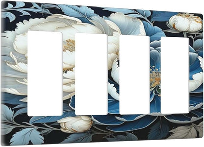 White Blue Flower Peonies Light Switch Cover 4 Gang Rocker Decora Outlet Covers Wall Plate Decorative Switchplate Electrical Faceplate GFCI for Farmhouse Living Bedroom Decor