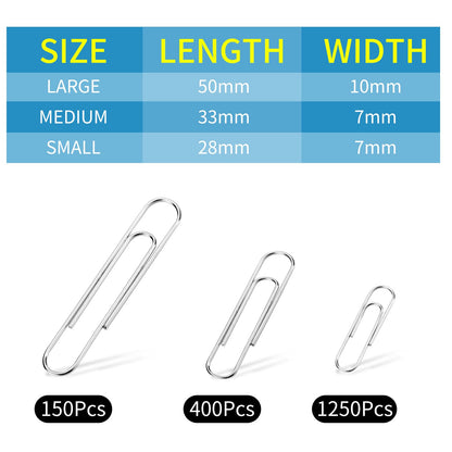 1800 Paper Clips Assorted Sizes Large, Medium and Small, Durable and Rustproof, Paperclips for Office School and Personal Use, Office Supplies Document Organizing (50mm, 33mm, 28mm) (Silver)