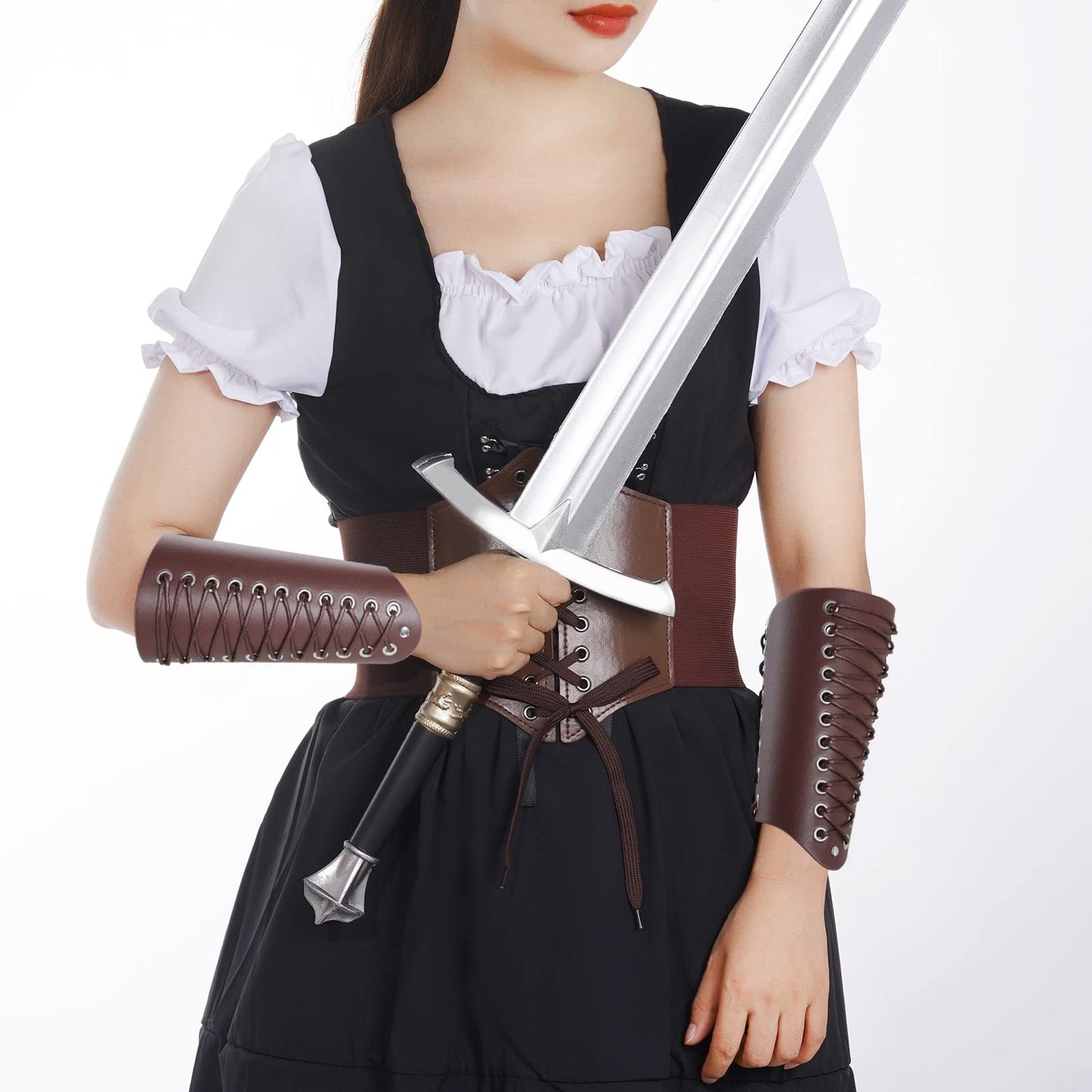 Pistha 3 Pcs Corset Belt Elastic and Faux Leather Gauntlet Wristband for Women Halloween Medieval Renaissance Pirate Viking Warrior Cosplay Brown (M, Brown)