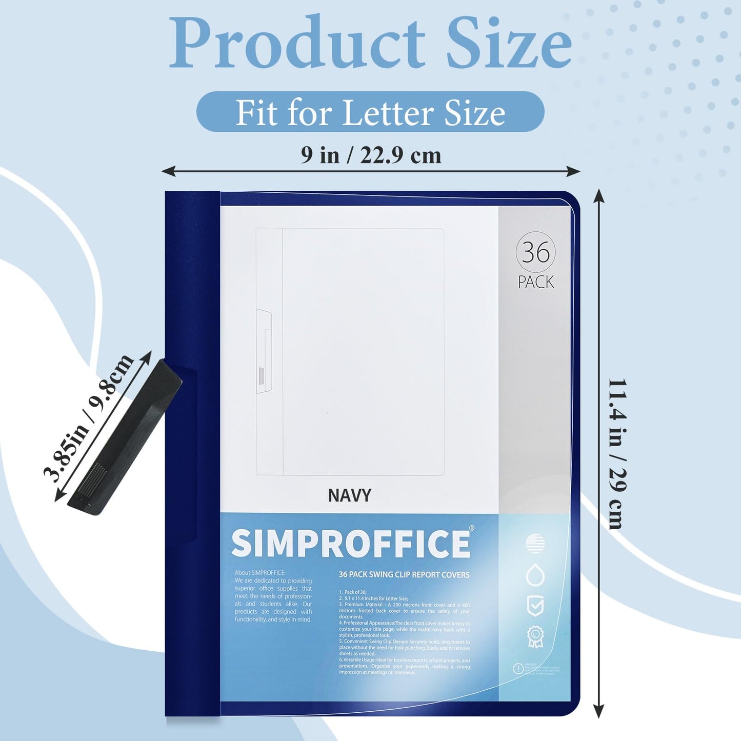 SIMPROFFICE 36 Pack Swing Clip Report Covers, Plastic Presentation Folders with Clip for Professional Use, Clear Front and Navy Blue Frosted Back, 9 x 11.4 Inches for Letter Size