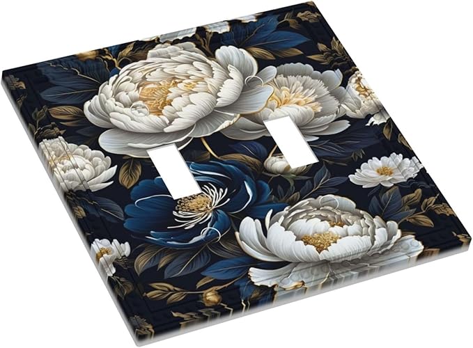 White Gold Blue Flower Light Switch Covers Double Toggle 2 Gang Wall Plate Dual Decorative Switchplate Electrical Faceplate for Farmhouse Living Room Decor