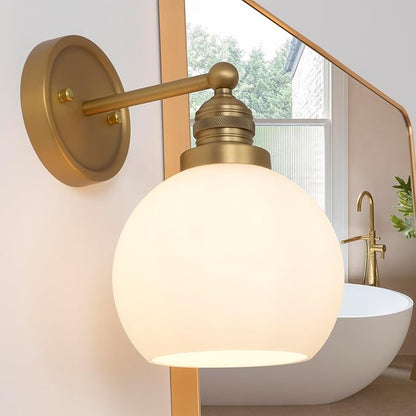 Gold Wall Sconces,Vintage Bathroom Vanity Light with Milk Glass Modern Brass Sconces Wall Lighting for Living Room Bedroom Hallway Stairway E26 Hardwire Indoor