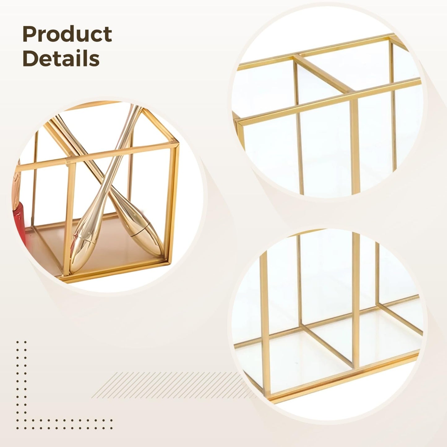 Toyosport Gold Pencil Holder, Gold Makeup Brush Holder, 4-Compartment Desktop Organizer, Transparent Glass Holder, Ideal for Makeup, Office, School Items Storage