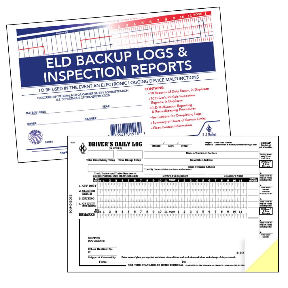 ELD Backup Driver Log Book 5-pk. with Detailed Driver Vehicle Inspection Report & Daily Recap - Book Format, 2-Ply Carbonless, 8.5" x 5.5", 10 Sets of Forms Per Book - J. J. Keller & Associates