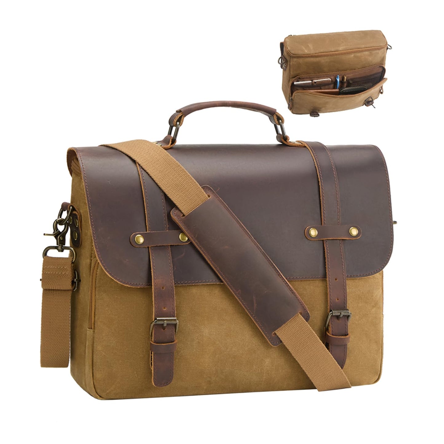 Men's Messenger Bag Waxed Canvas Briefcase 16 Inch Vintage Genuine Leather Computer Laptop Bags Waterproof Satchel Shoulder Bag for Work/Business/Office
