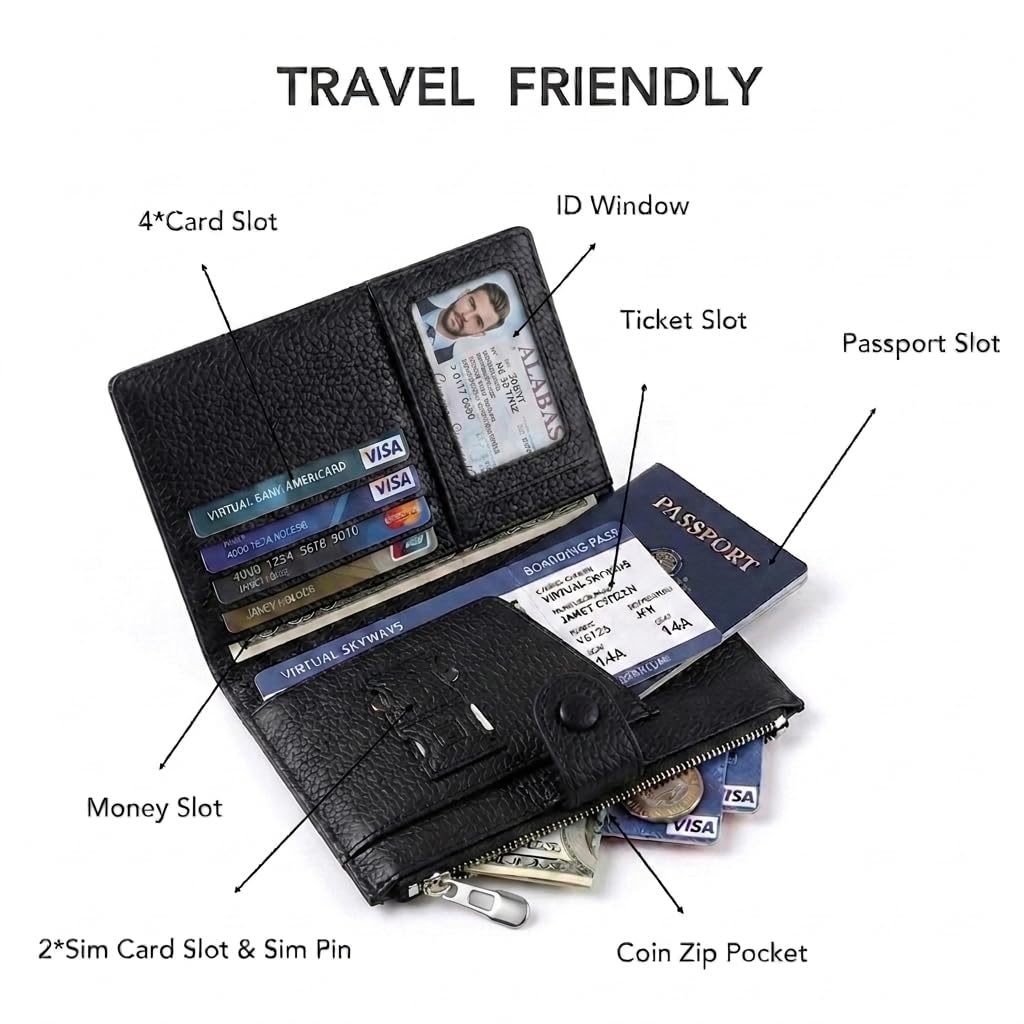 Genuine Leather Passport Holder for International Travel, RFID Blocking Compact Travel Wallet with Card Slots, Zipper Coin Pocket and SIM Slots, Slim Passport Cover Case, Black