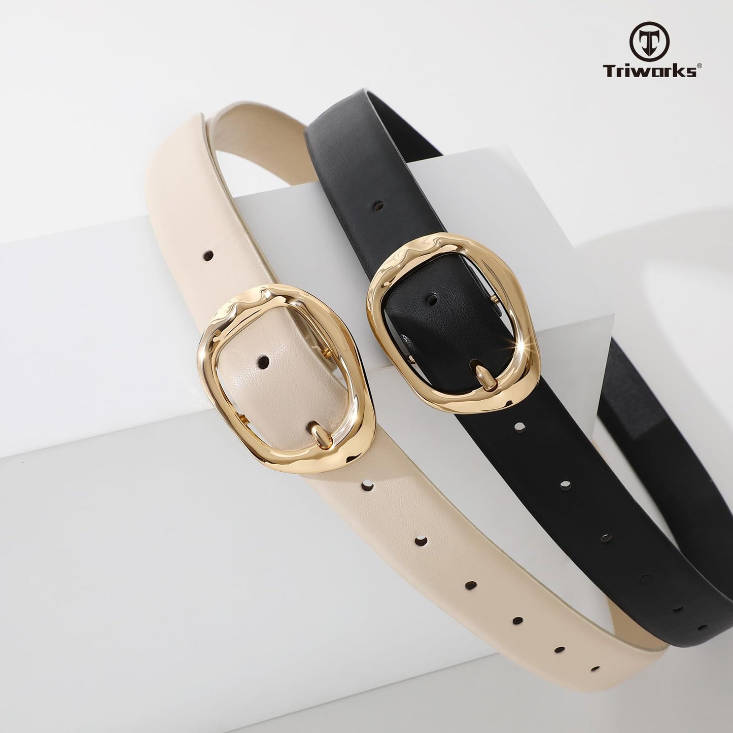 TRIWORKS 2 Pack Leather Belts for Women Fashion Waist Belt with Liquid Shapes Women Belt for Jeans Pants Dresses