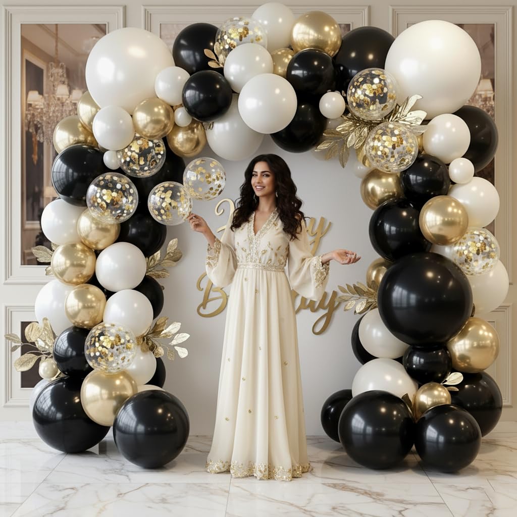 PTGOLUO Black and Gold Balloon Arch Garland Kit 150pcs 2026 New Year's, Double Stuffed Pearl Sand White Black Chrome Gold Balloons Arch Kit for Graduation Father's Day Birthday Party Decoration