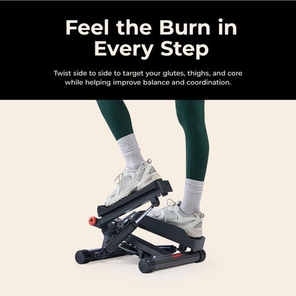 Sunny Health & Fitness Smart Twist Stepper with Resistance Bands, Bluetooth App Connectivity, Adjustable Step Height, 300 LB Capacity, Compact Mini Stair Step Machine
