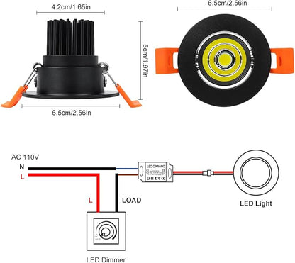 inShareplus 2 Inch LED Downlight, 3W Recessed Lighting COB Dimmable, 5000K Daylight White, CRI80, Black Trim, Ceiling Lights with LED Driver, 6 Pack