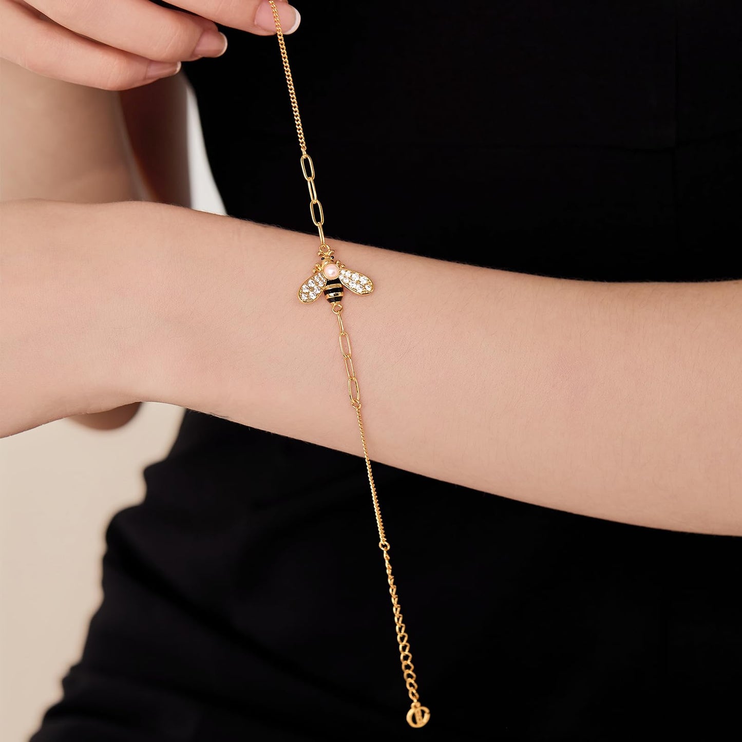 Cicy Bell Bracelets for Women Bumble Bee 18K Gold Plated Bracelets Oval Pearl Cubic Zirconia Figaro Chain Trendy Cute Animal Jewelry Gift