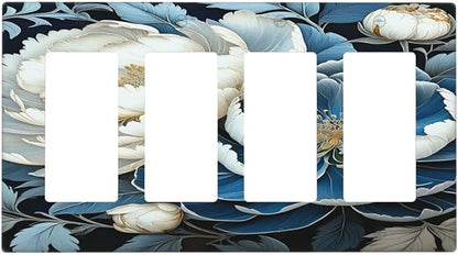 White Blue Flower Peonies Light Switch Cover 4 Gang Rocker Decora Outlet Covers Wall Plate Decorative Switchplate Electrical Faceplate GFCI for Farmhouse Living Bedroom Decor