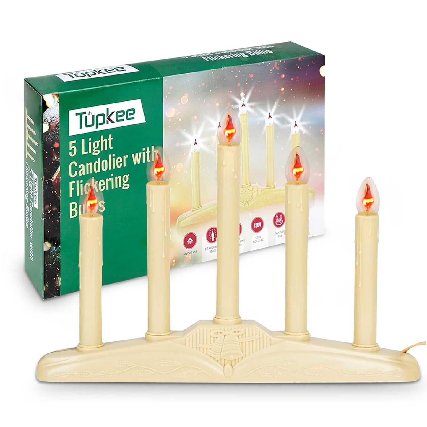 Tupkee Christmas Candolier Window Candles – with Flickering Bulbs – 5-Lights Indoor - Flameless Electric Window Candles Candelabra