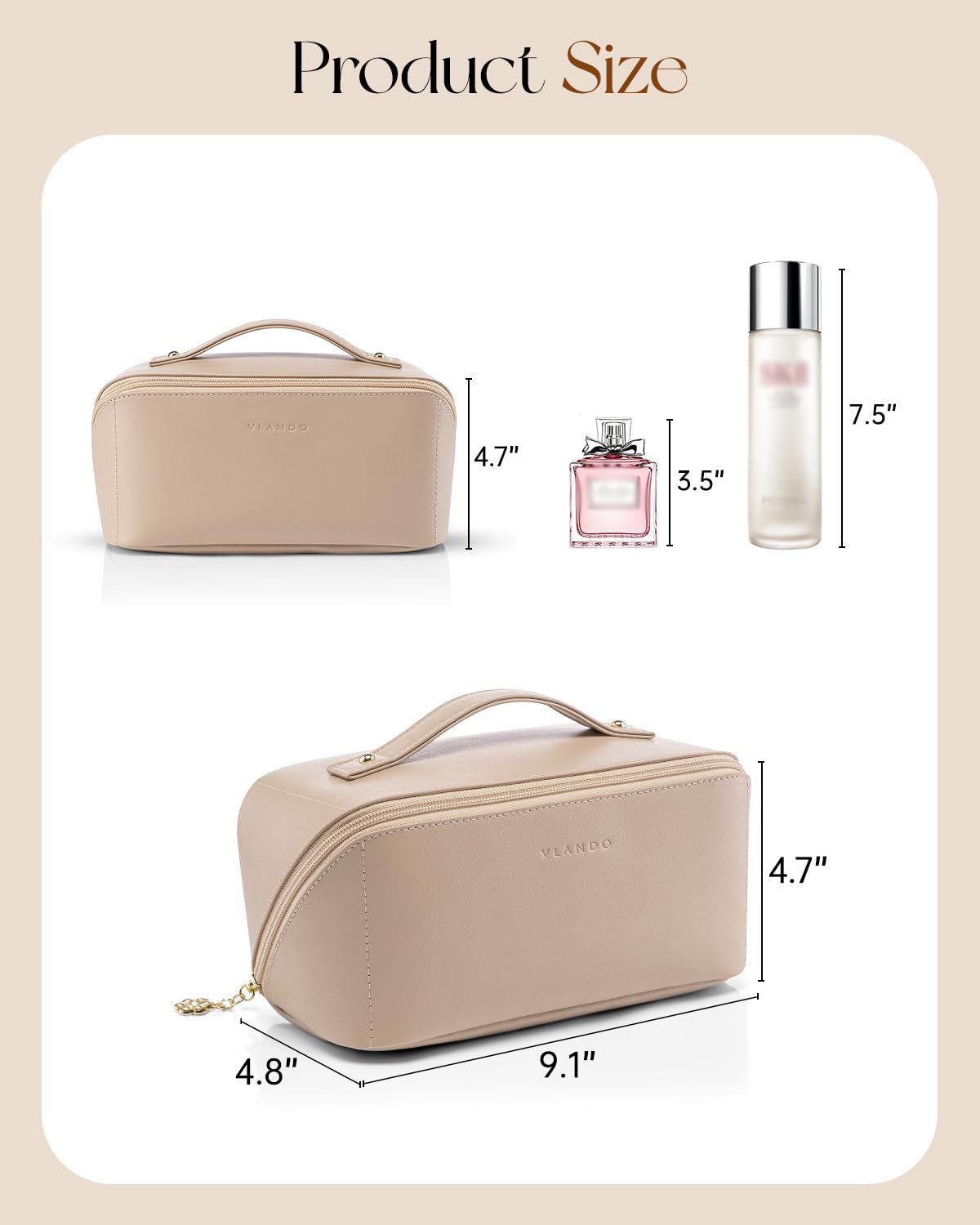 VLANDO Makeup Bag,Travel Toiletry Bag,Cosmetic Bag for Women PU Leather Portable Make up Bag for Skincare, Brushes & Travel Essentials-Toffee