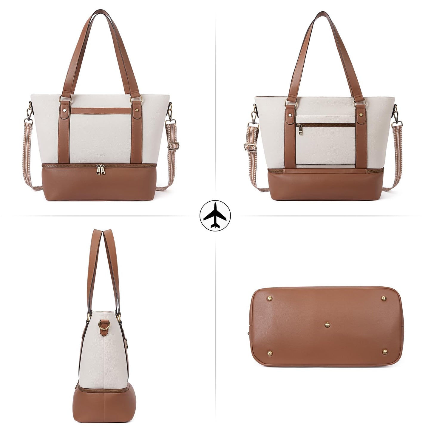CLUCI Travel Leather Duffel Bag Weekender Bag for Women Carry on Overnight Bag Beige with Brown