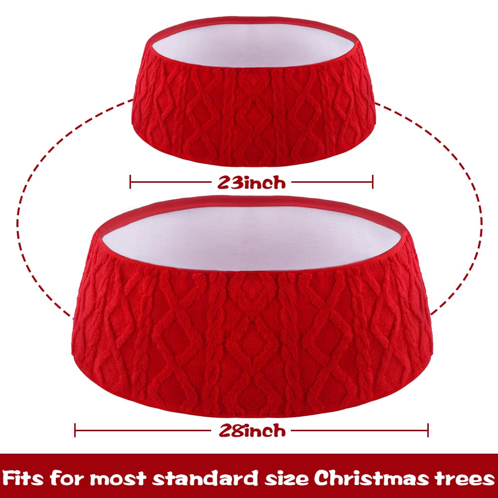 Teeanzo 28 Inch Christmas Tree Collar Red Plush Faux Fur with Crossed Diamond Pattern, Soft Boho Xmas Tree Ring Tree Skirt for Christmas Artificial Trees Holiday Party Home Decor