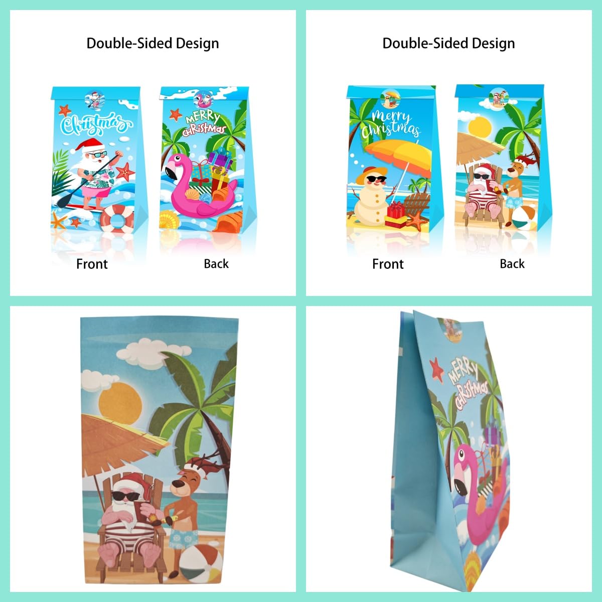 KYMY 12PCS Summer Christmas Party Favor Bags, Hawaiian Beach Paper Totes with Stickers, July Xmas Tropical Santa & Flamingo Treat Bags for Luau Holiday Party Decorations Supplies