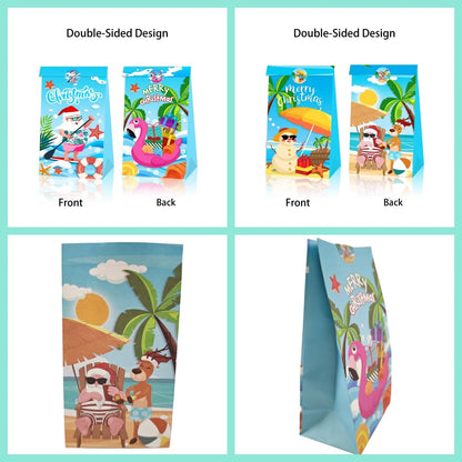 KYMY 12PCS Summer Christmas Party Favor Bags, Hawaiian Beach Paper Totes with Stickers, July Xmas Tropical Santa & Flamingo Treat Bags for Luau Holiday Party Decorations Supplies