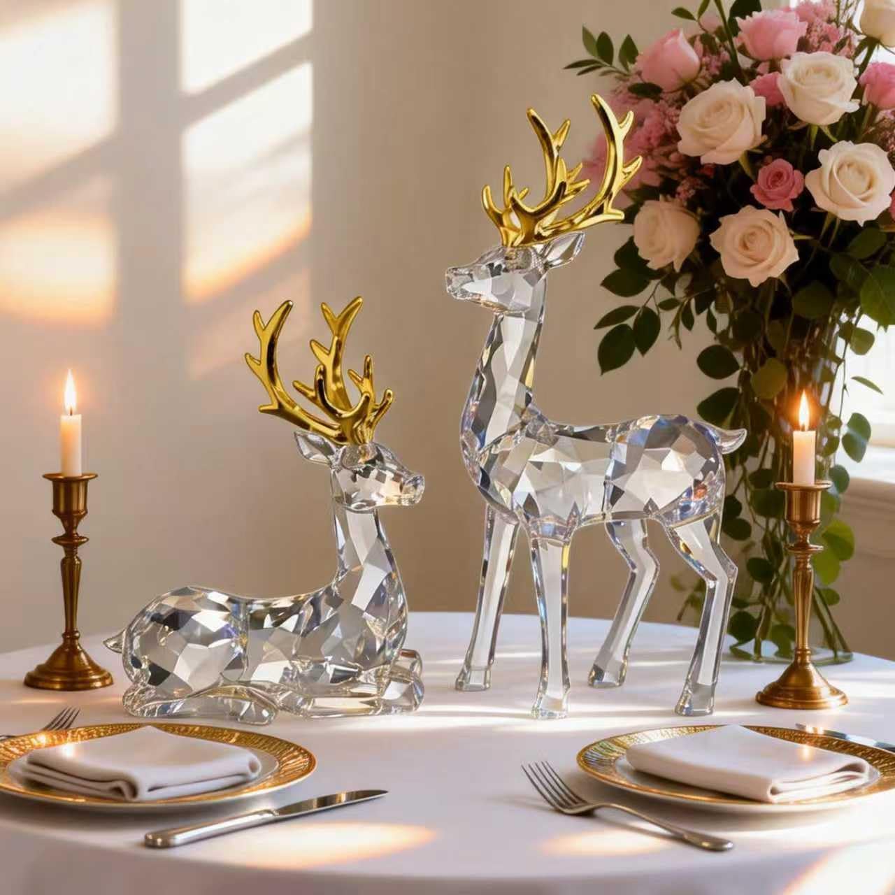 EverZenHub Christmas Reindeer Figurines, Set of 2 Resin Deer Statues - Handcrafted Holiday Tabletop Decor for Mantel, Shelf, Cabinet | Elk Sculpture Home Décor Gift