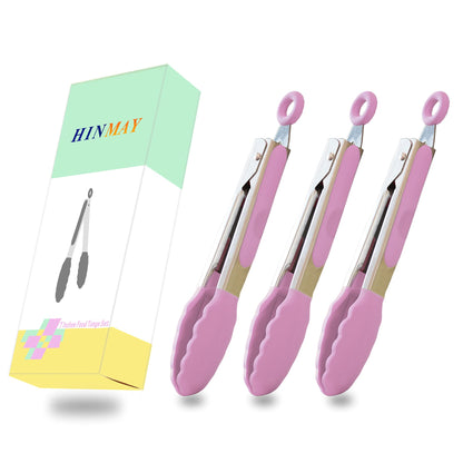 Small Silicone Tongs 7-Inch Mini Serving Tongs, Set of 3 (Black Gray White)