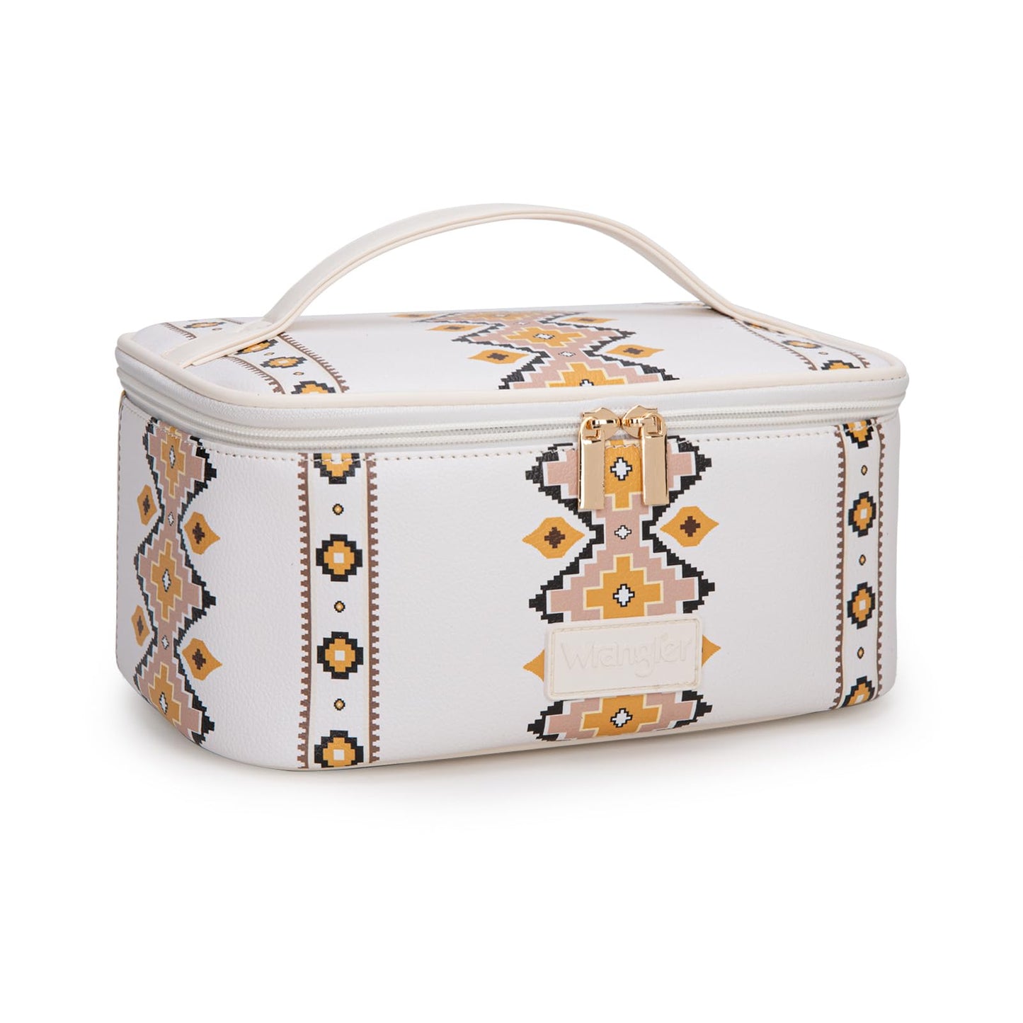 Montana West X Wrangler Travel Makeup Bag 2pcs Set Large Cosmetic Bag with Makeup Brush Holder Portable Make Up Organizer Cute Toiletry Bag with Divider and Handle for Women Aztec