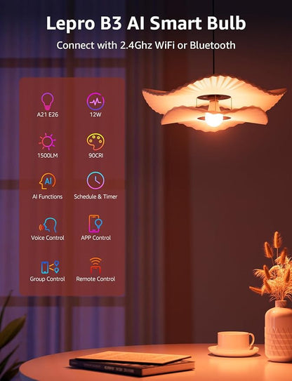 Lepro B3 AI Smart Light Bulbs - 1500LM 100W Equivalent A21 Bulb, WiFi & Bluetooth RGBWW Color Changing, Works with Alexa & Google Assistant, AI Voice Control by App, Music Sync, 2.4GHz Only (4 Pack)