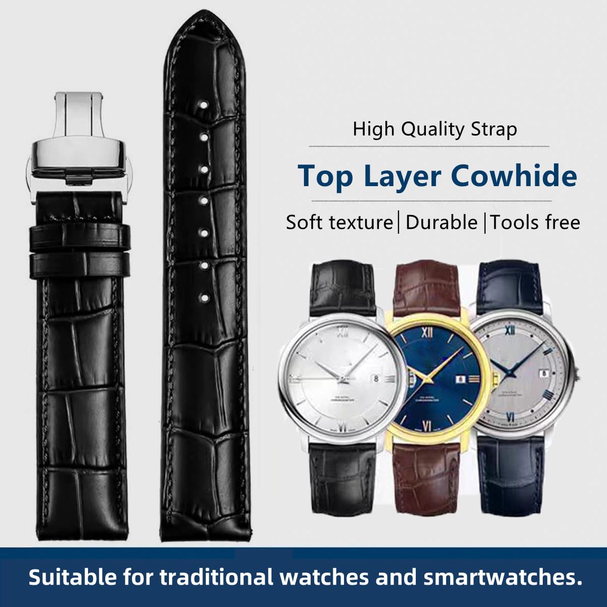 HEYOZURY Watch Bands Genuine Leather Embossed Alligator Grain Calfskin Deployment Buckle Replacement Strap for Women Men Bracelet Men's and Women's Watch Straps 14mm to 24mm