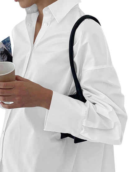 LYANER Women's Casual Shirt Dress Collar V Neck Button Down Loose Long Sleeve Mini Dresses White Small