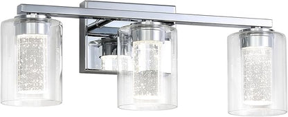 3 Light Chrome Bathroom Light Fixture, Dimmable 5CCT Chrome Bathroom Vanity Lights, 2700K-6500K Modern Crystal Bubble LED Wall Sconce Over Mirror with Clear Glass for Bedroom, Living Room