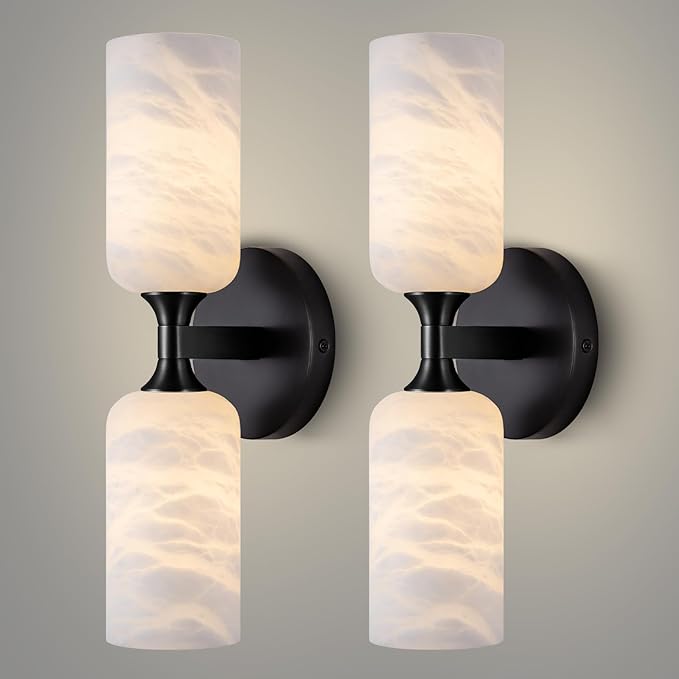 Alabaster Wall Sconce Set of 2, 14in Modern Spanish Natural Marble Bathroom Vanity Sconces, Indoor Black Wall Lighting Fixtures Decor for Bedroom Living Room Staircases
