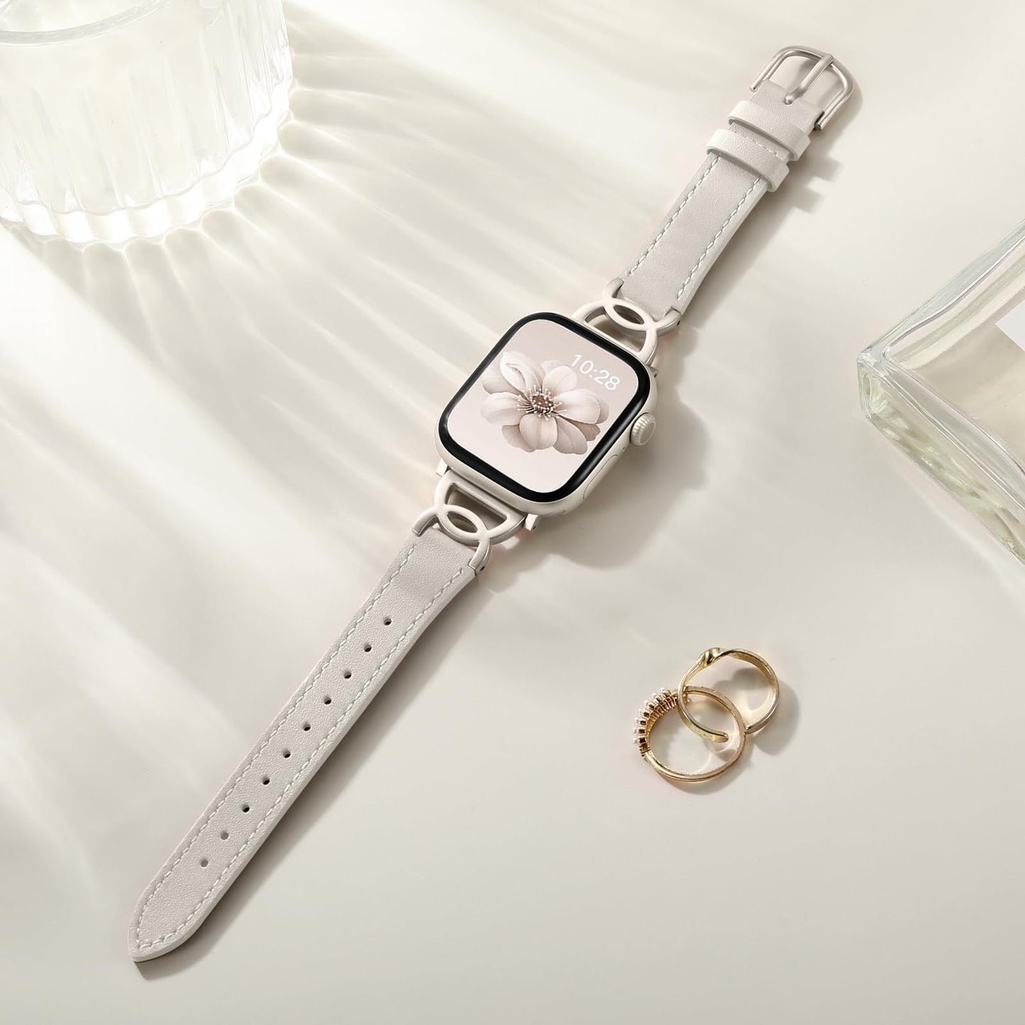 DaQin Slim Leather Band Compatible with Apple Watch Band for Women 40mm 38mm 41mm 42mm, Dressy Leather Strap with Designer DC-shaped Buckle for iWatch Bands Series 11 10 9 8 7 6 5 4 3 2 1 SE,Starlight