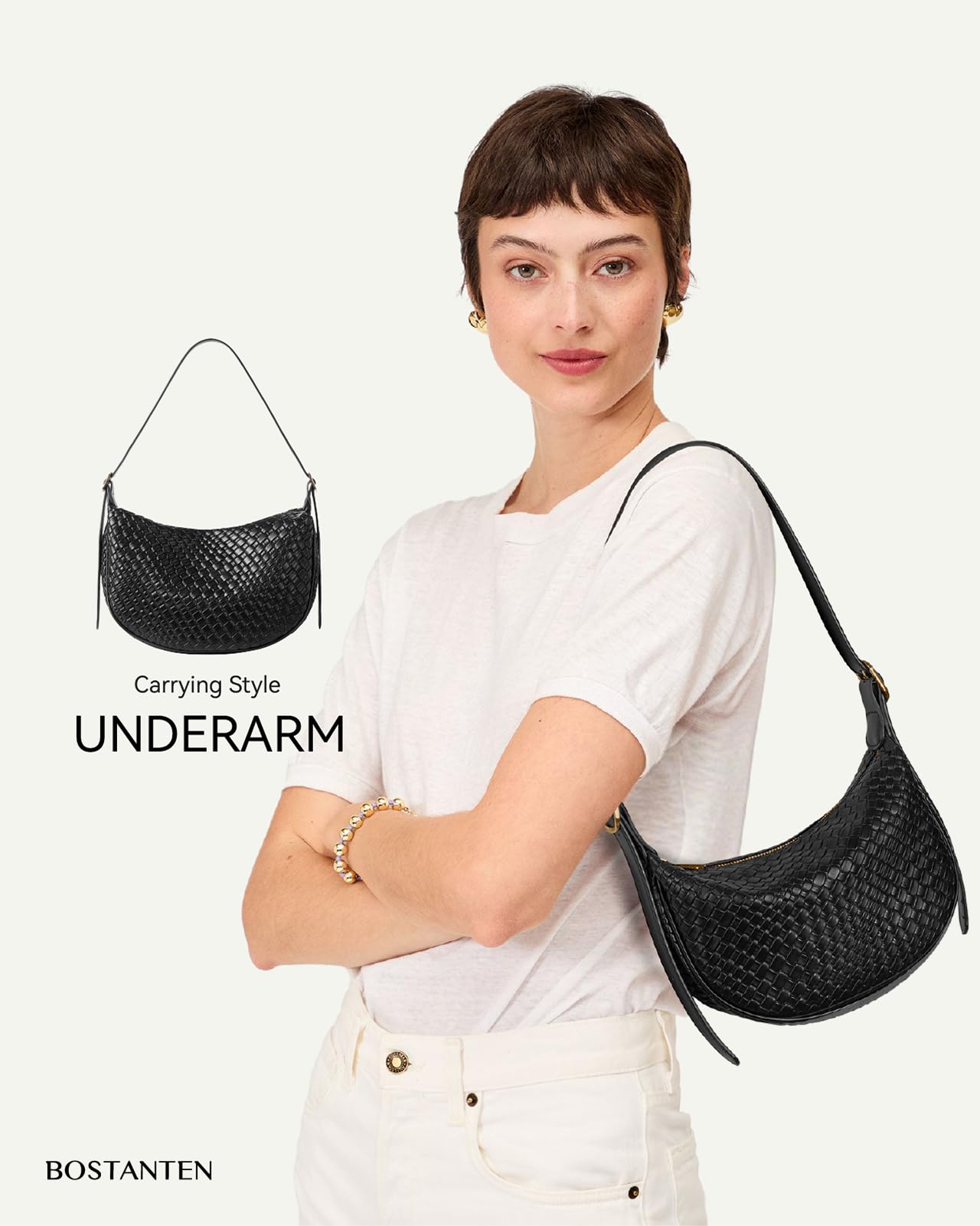 BOSTANTEN Purses for Women Crescent Crossbody Bag Vegan Leather Shoulder Hobo Handbag Adjustable Strap, Small Black
