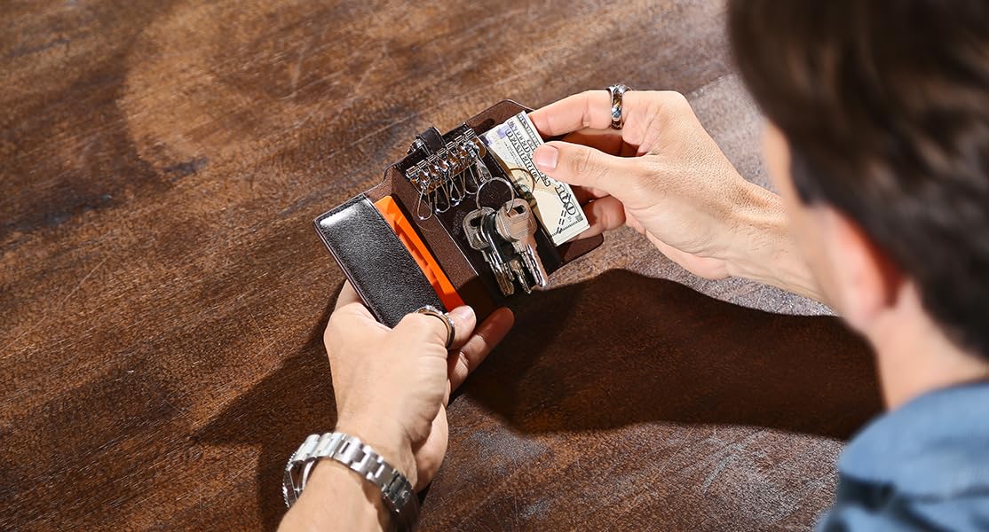 Leather Car Keychain Wallet Bag Case For Key Chains Holder, Mens Genuine Leather Car Key Case Card ID Holder Wallet Keyring Keychain