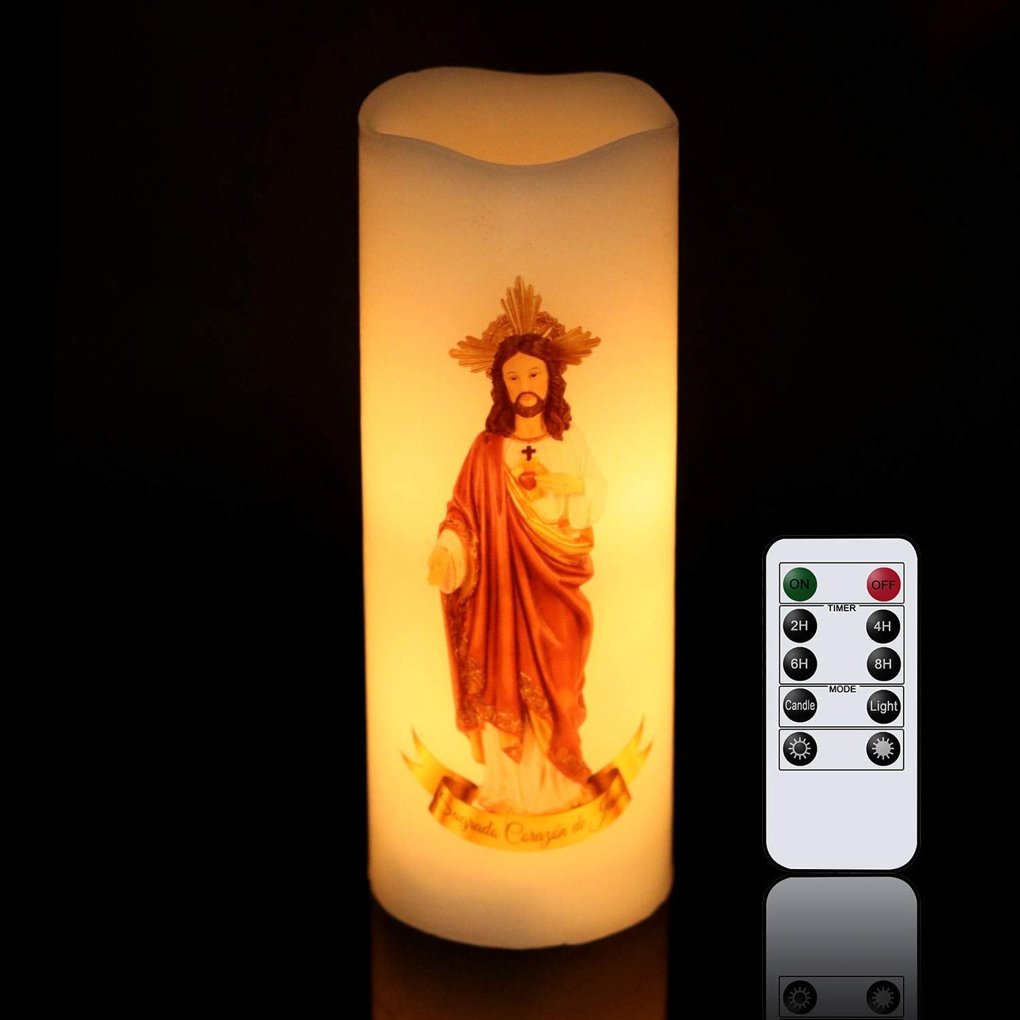 Wondise Sacred Heart of Jesus Picture Devotional Prayer Candle with Remote and Timer, Battery Operated Real Wax LED White Candle for Decoration Religious, Prayer in Spanish(3 x 3 x 6 inch)