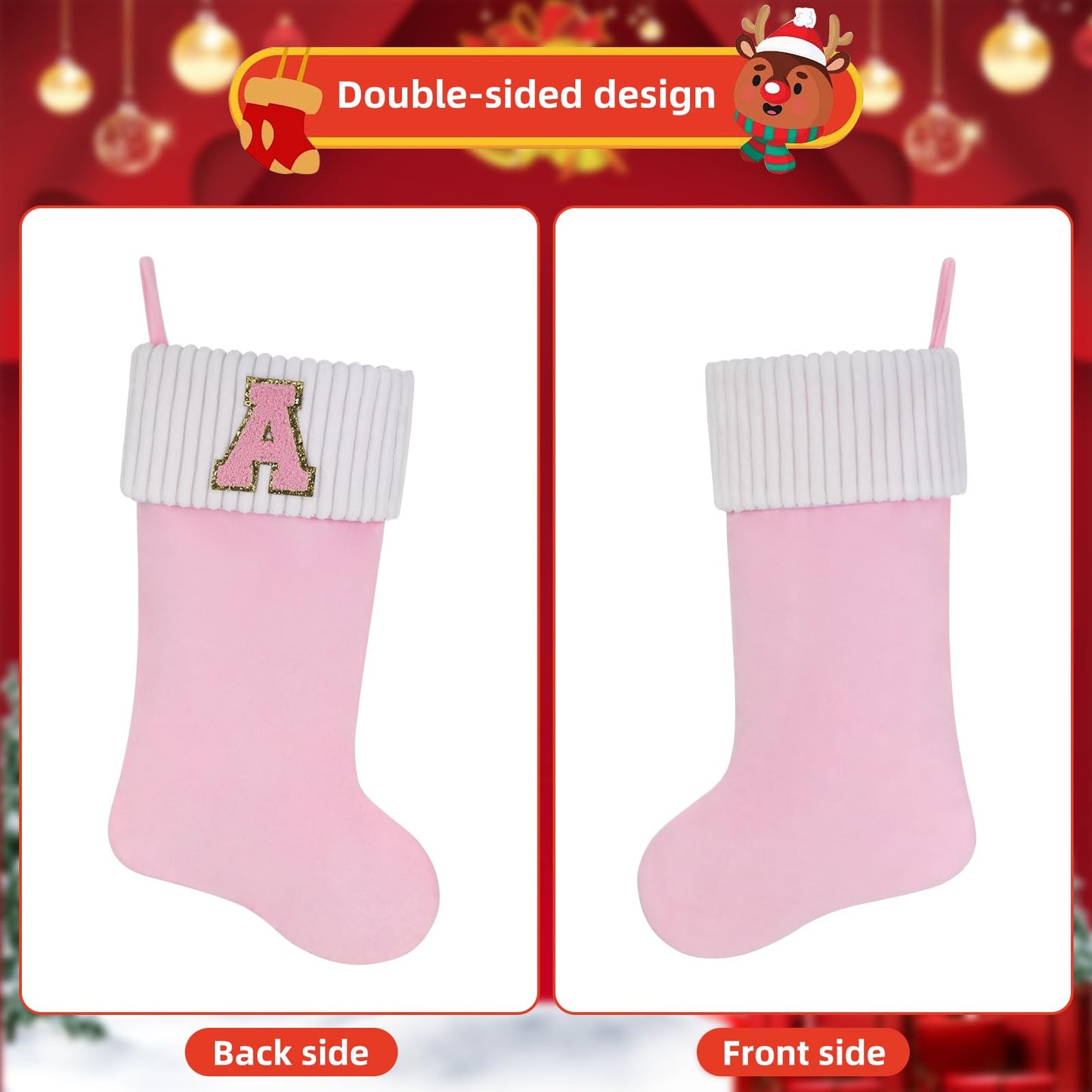 Shgngle 20 Inches Letter Embroidered Christmas Stocking,Personalized Pink Velvet Christmas Stocking,Family Holiday Decorations and Xmas Gift(A)