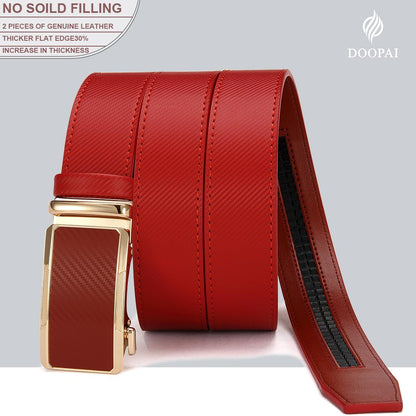 DOOPAI Men's Adjustable Ratchet Belt -Red Leather Dress Belt for Men, Customizable Fit, Easy to Use, Maximum Durability