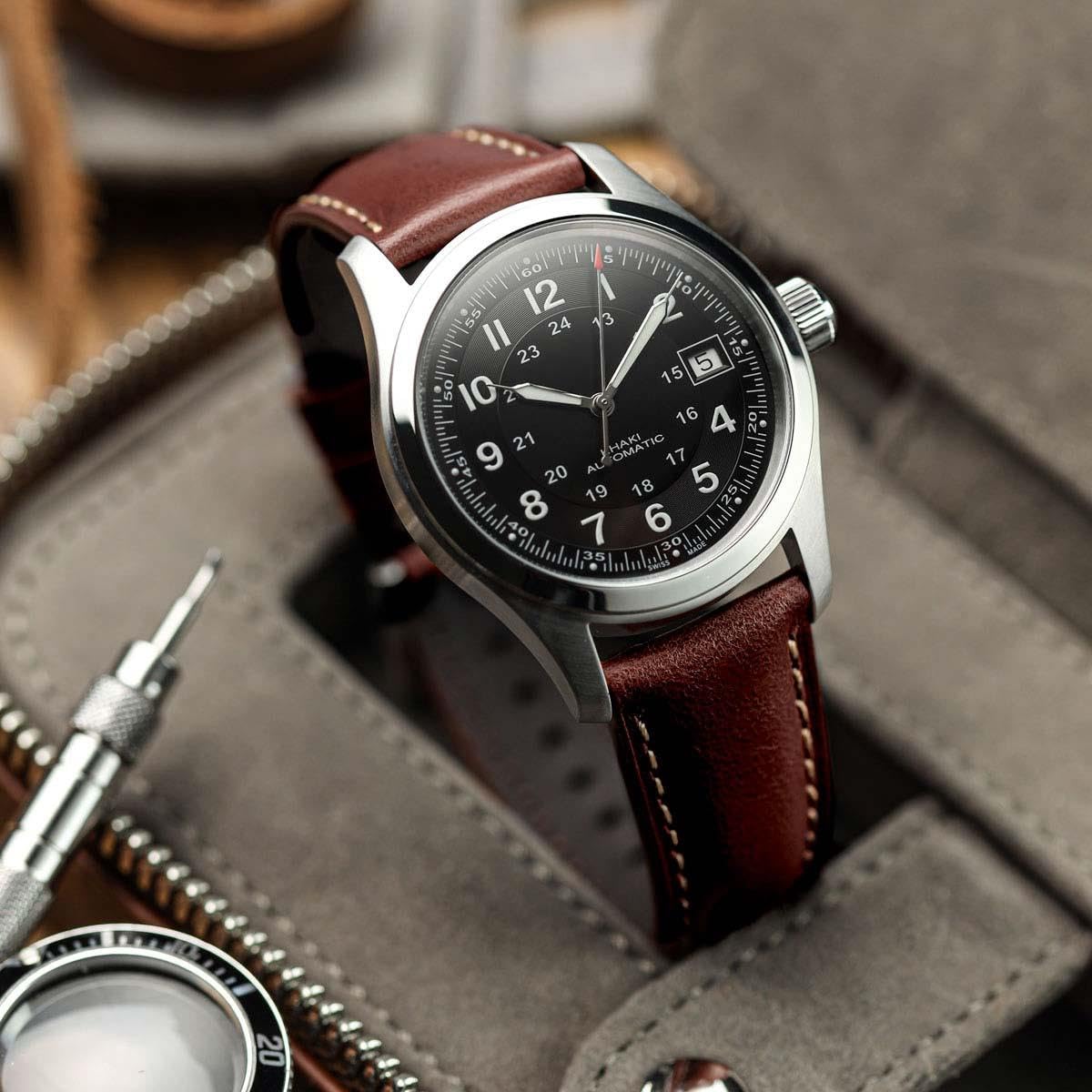 WatchGecko Tenby Classic Padded Genuine Leather QR Watch Strap [Burgundy, 20mm]